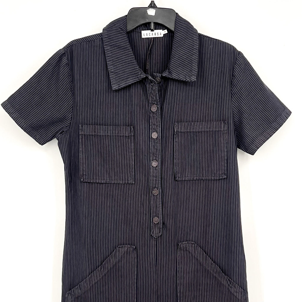 LACAUSA Womens Railroad Lucky Jumpsuit XS Dark Blue Gray Stripe Short Sleeve NWT