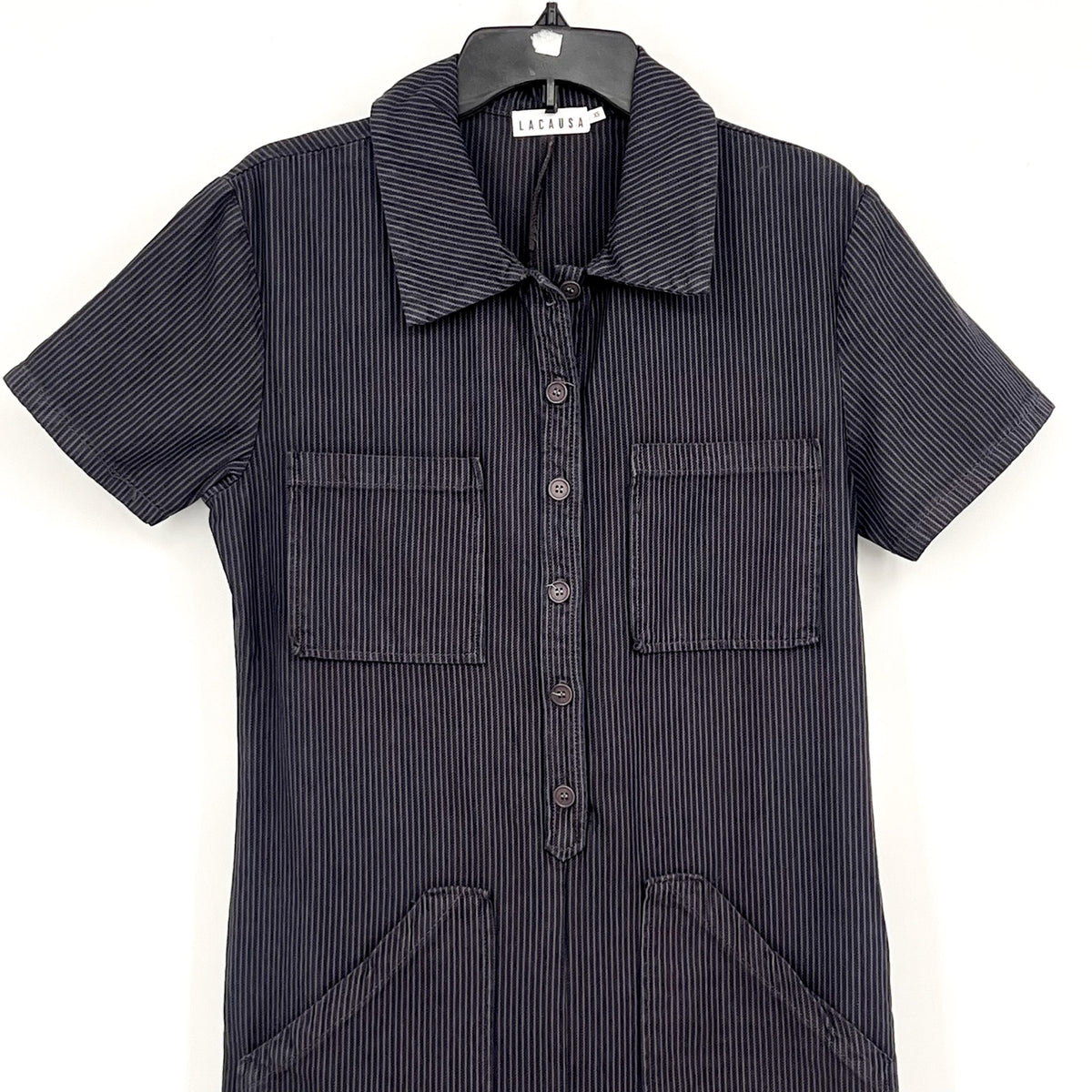 LACAUSA Womens Railroad Lucky Jumpsuit XS Dark Blue Gray Stripe Short Sleeve NWT
