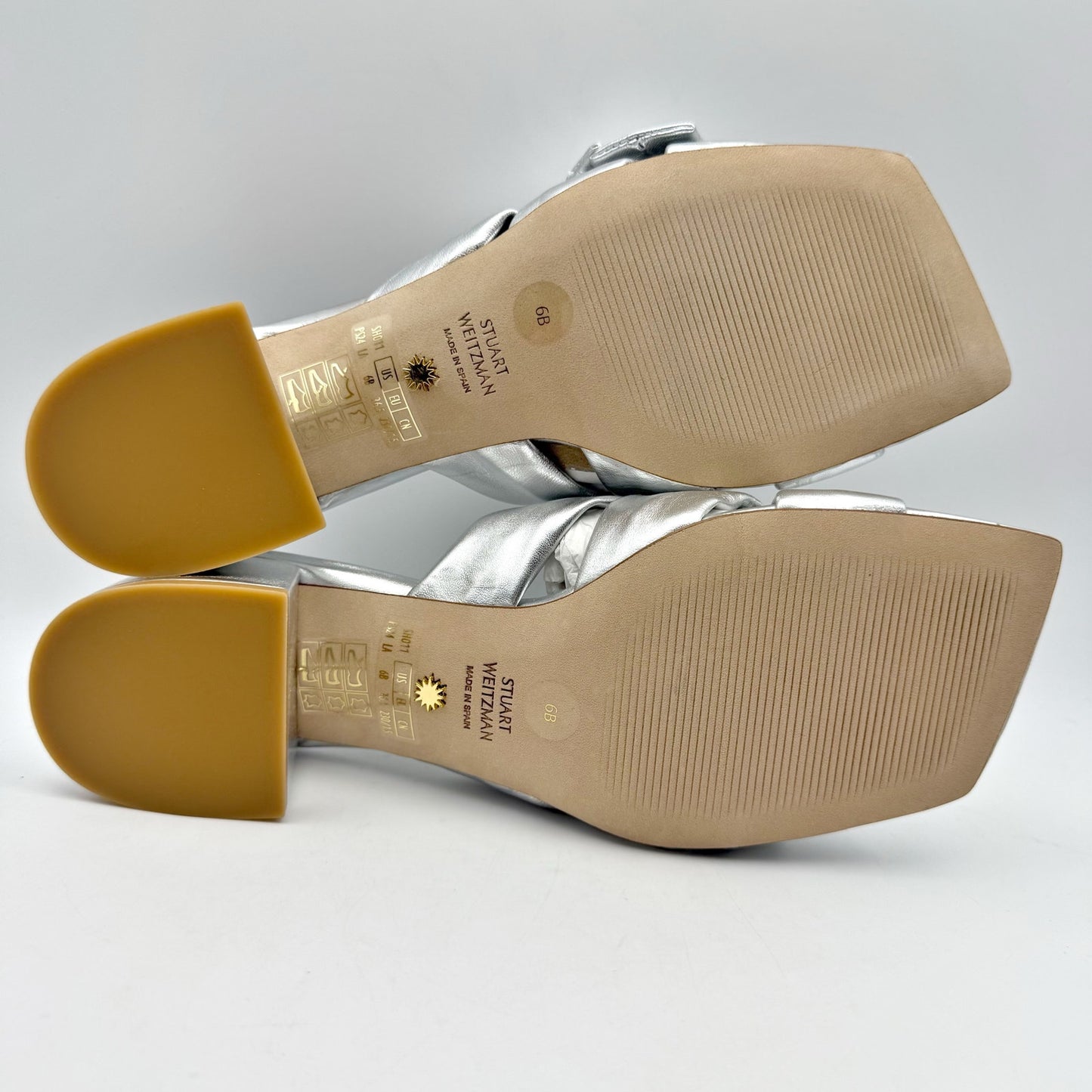 Stuart Weitzman Womens Sofia 45 Slide High Heels Size 6 Silver Leather Bow NIB