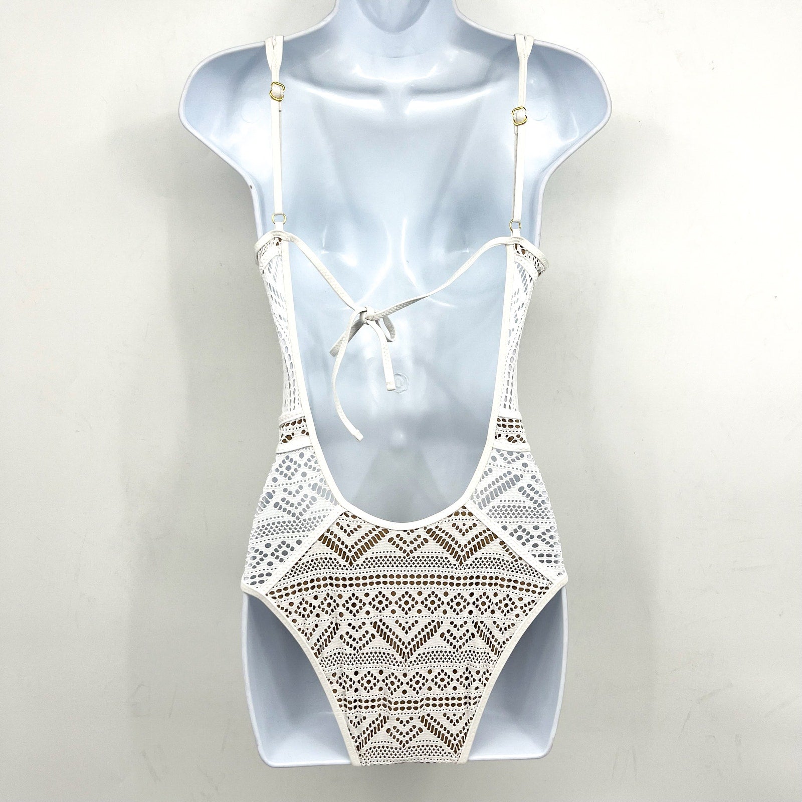 BECCA Women's Color Play Crochet Plunge One-Piece Swimsuit XS White Tan NWOT