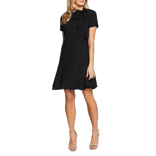 CECE Ruffled Bow Neck Mini Dress 6 Black Short Sleeve Fit & Flare Cocktail NWT