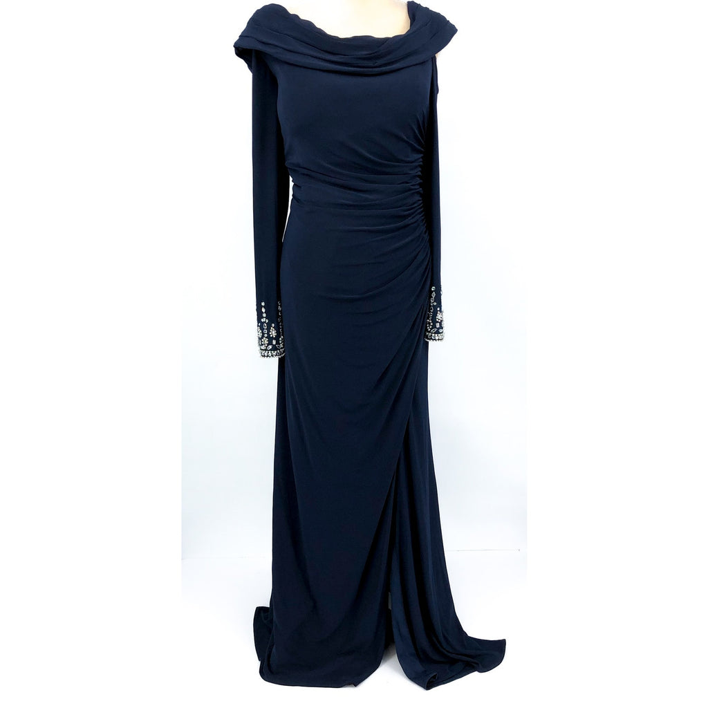 MAC DUGGAL Beaded Cuff Drop Shoulder Gown Size 16 Midnight Navy Blue Formal NWT
