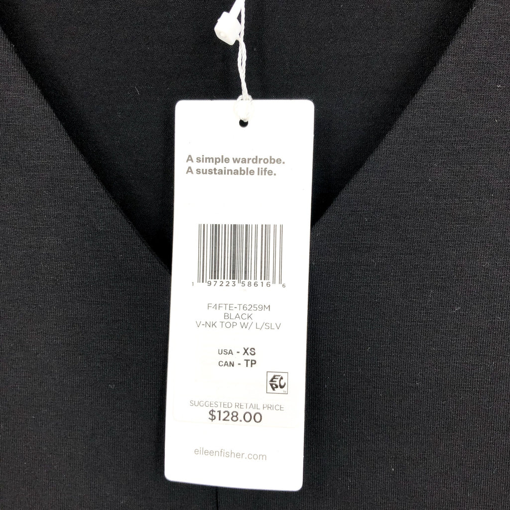 EILEEN FISHER Women's Fine Jersey Long Sleeve V-Neck Top XS Black Slim Fit NWT