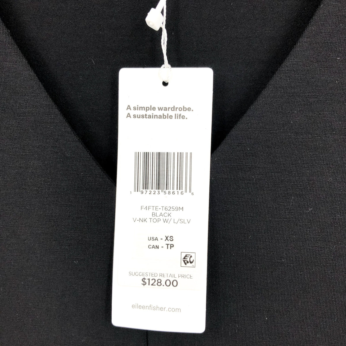 EILEEN FISHER Women's Fine Jersey Long Sleeve V-Neck Top XS Black Slim Fit NWT