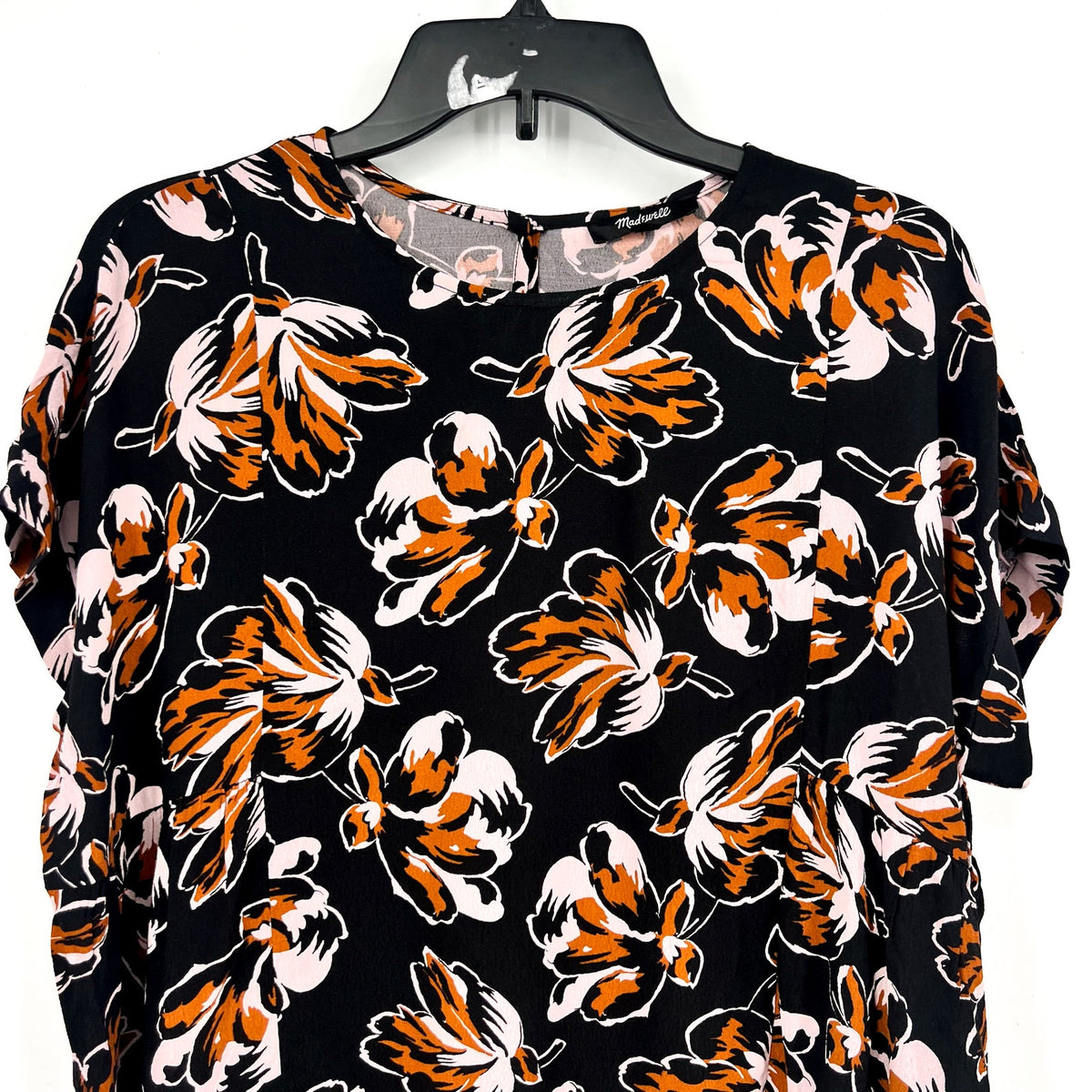 MADEWELL Womens Shirred Top Small Black Duskblossom Floral Short Sleeve NWOT