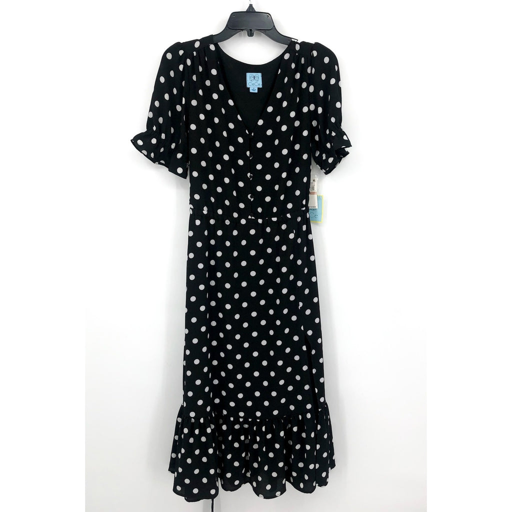 CECE Womens Polka Dot Midi Dress Size 12 Black White Tie Waist Button Front NWT