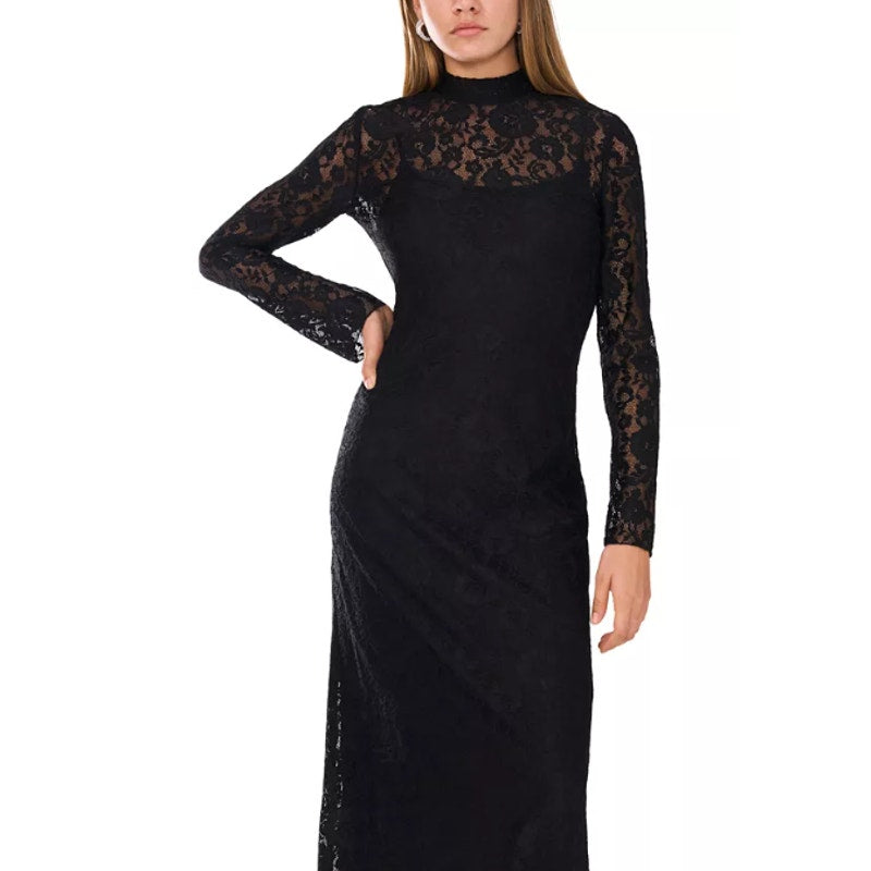 VINCE CAMUTO Women's Lace-Detail Maxi Dress XS Black Long-Sleeve Mock Neck NWT
