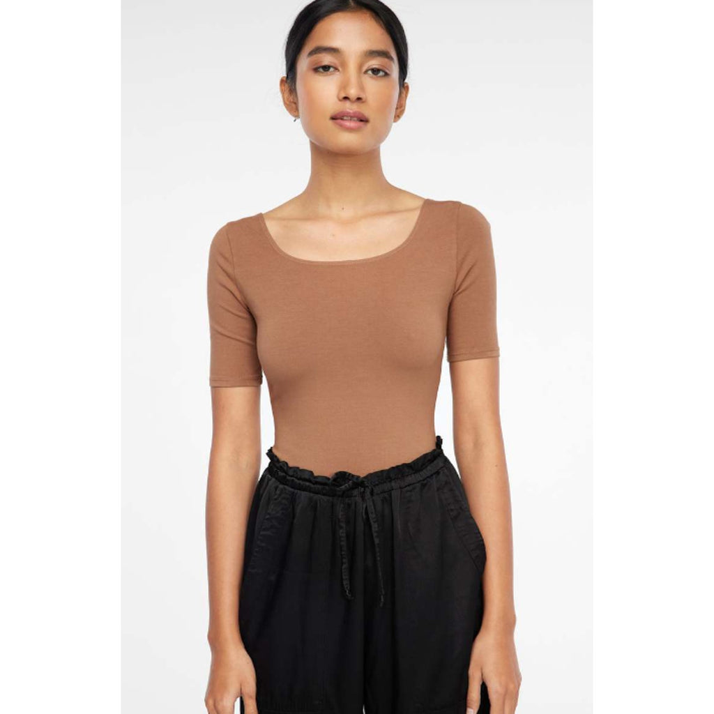 LACAUSA ANTHROPOLOGIE Womens Dawn Bodysuit Large Mocha Brown Short Sleeve NWT