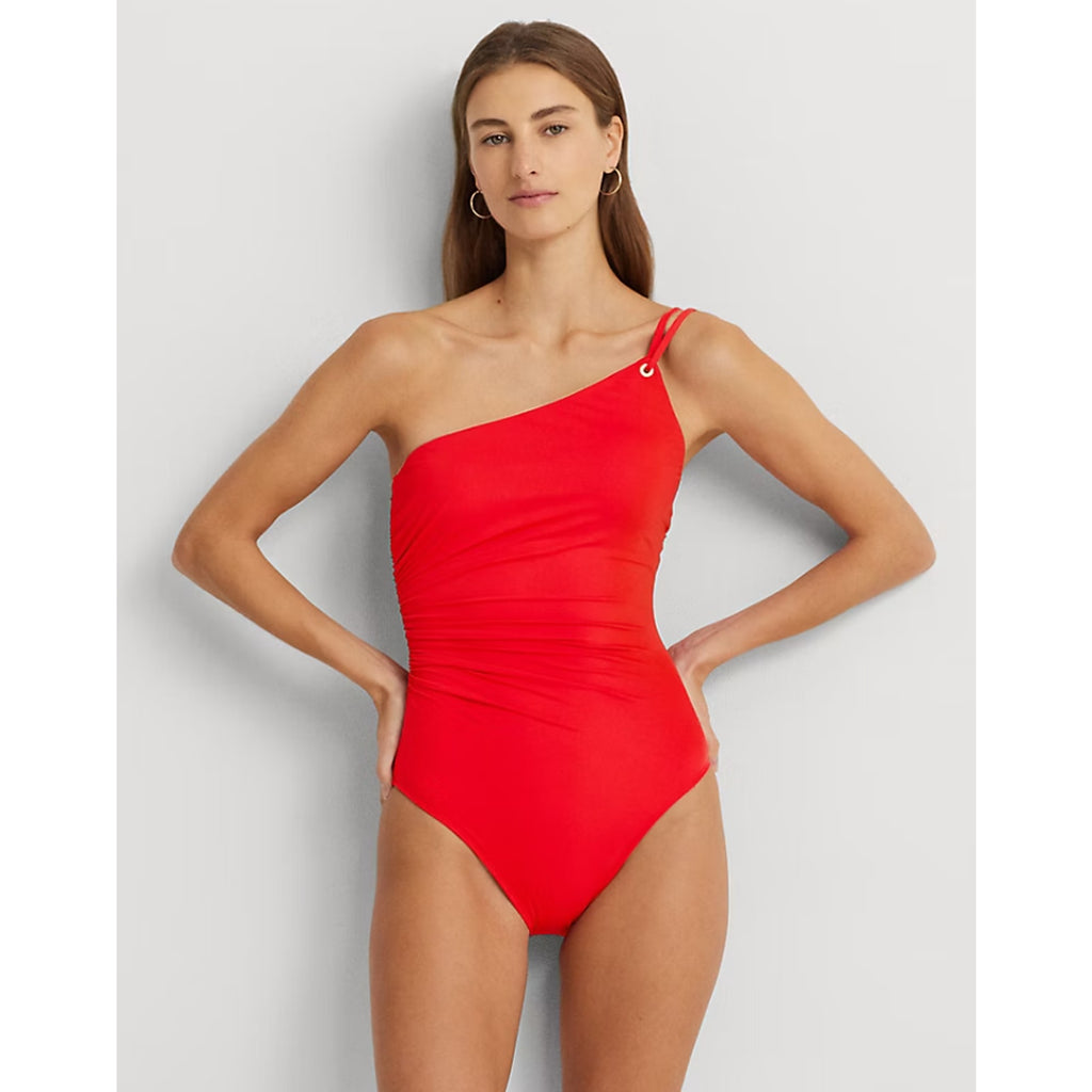 LAUREN RALPH LAUREN Double Strap One Piece Swimsuit Size 6 Red One Shoulder NWT
