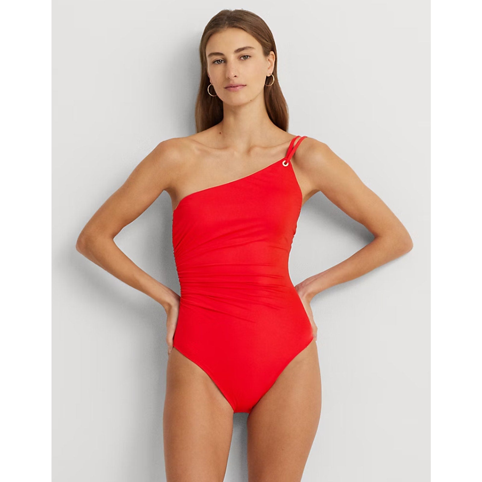 LAUREN RALPH LAUREN Double Strap One Piece Swimsuit Size 6 Red One Shoulder NWT