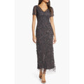 PISARRO NIGHTS Women's Beaded Mesh Column Gown Size 12 Gray Short Sleeve NWT