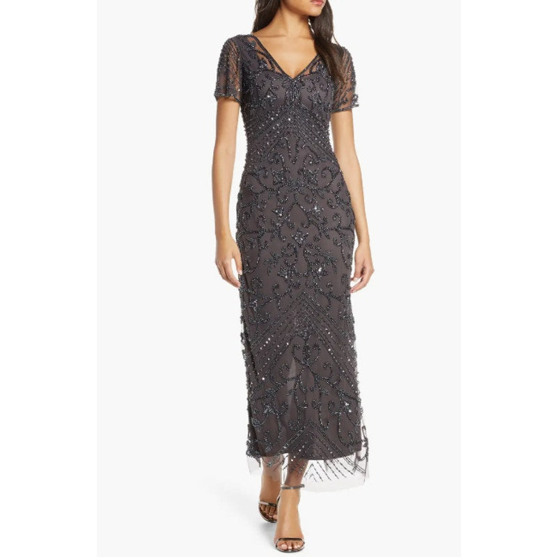 PISARRO NIGHTS Women's Beaded Mesh Column Gown Size 12 Gray Short Sleeve NWT