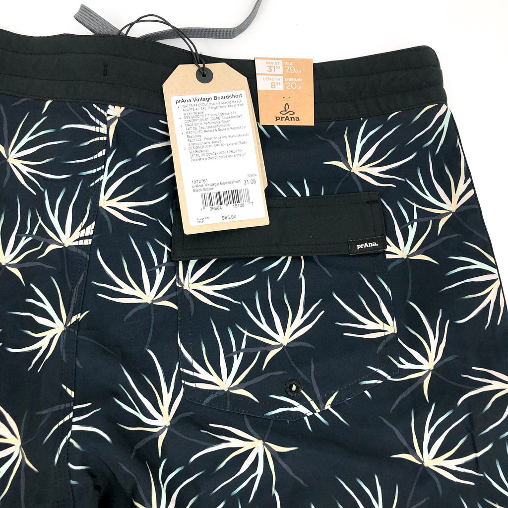 PRANA Men's Vintage Boardshorts Small Black Bloom 8" Inseam Drawstring NWT
