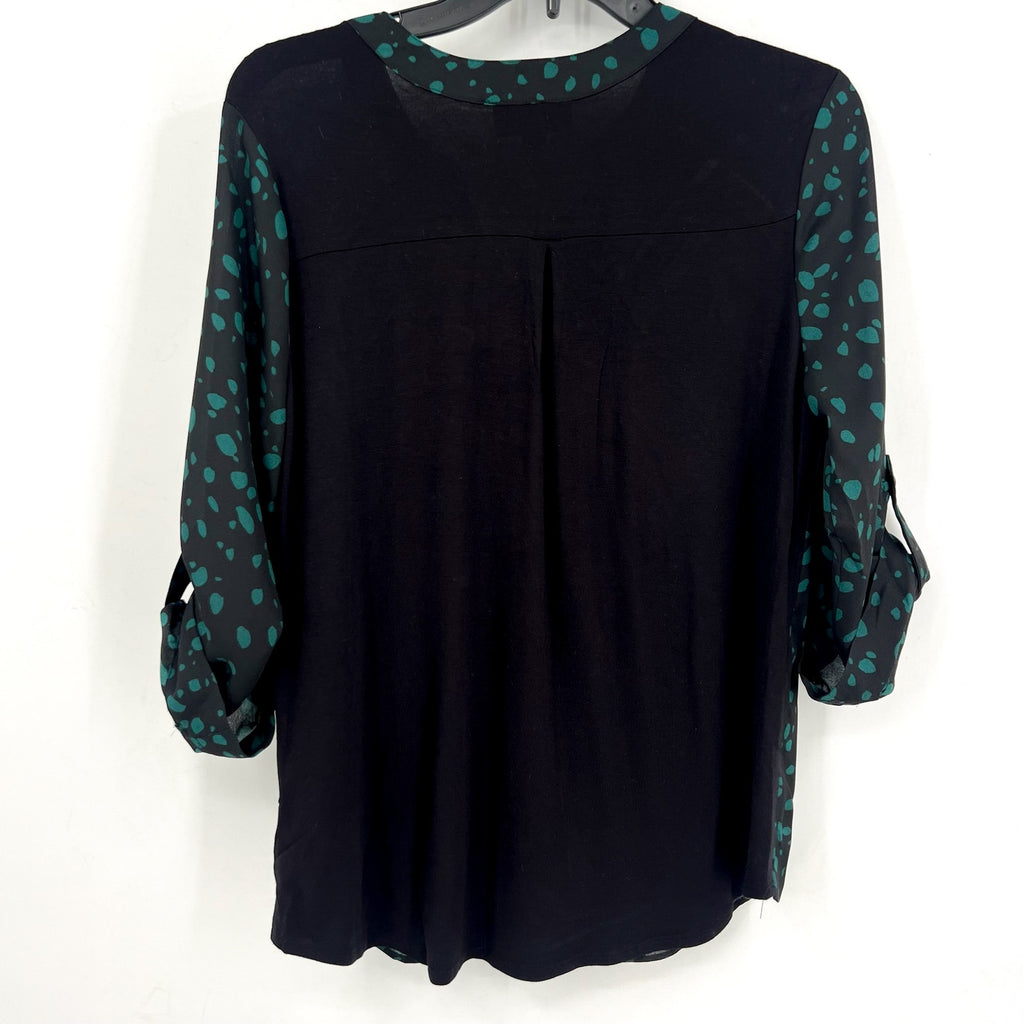 FORTUNE + IVY Womens Tulsa Mixed Material Blouse Small Black Green Abstract NWOT