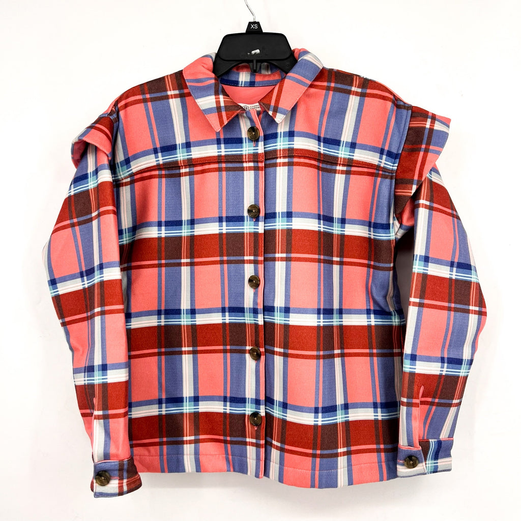 CANDACE CAMERON BURE Ruffle Sleeve Shirt Jacket XS Pink Blossom Plaid NWOT