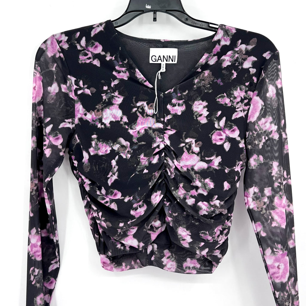 GANNI Women's Floral Mesh Crop Top Size 34 US 2 Black Pink Long Sleeve NWOT