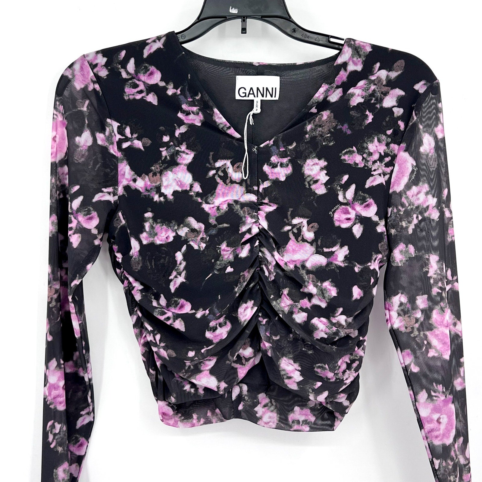 GANNI Women's Floral Mesh Crop Top Size 34 US 2 Black Pink Long Sleeve NWOT