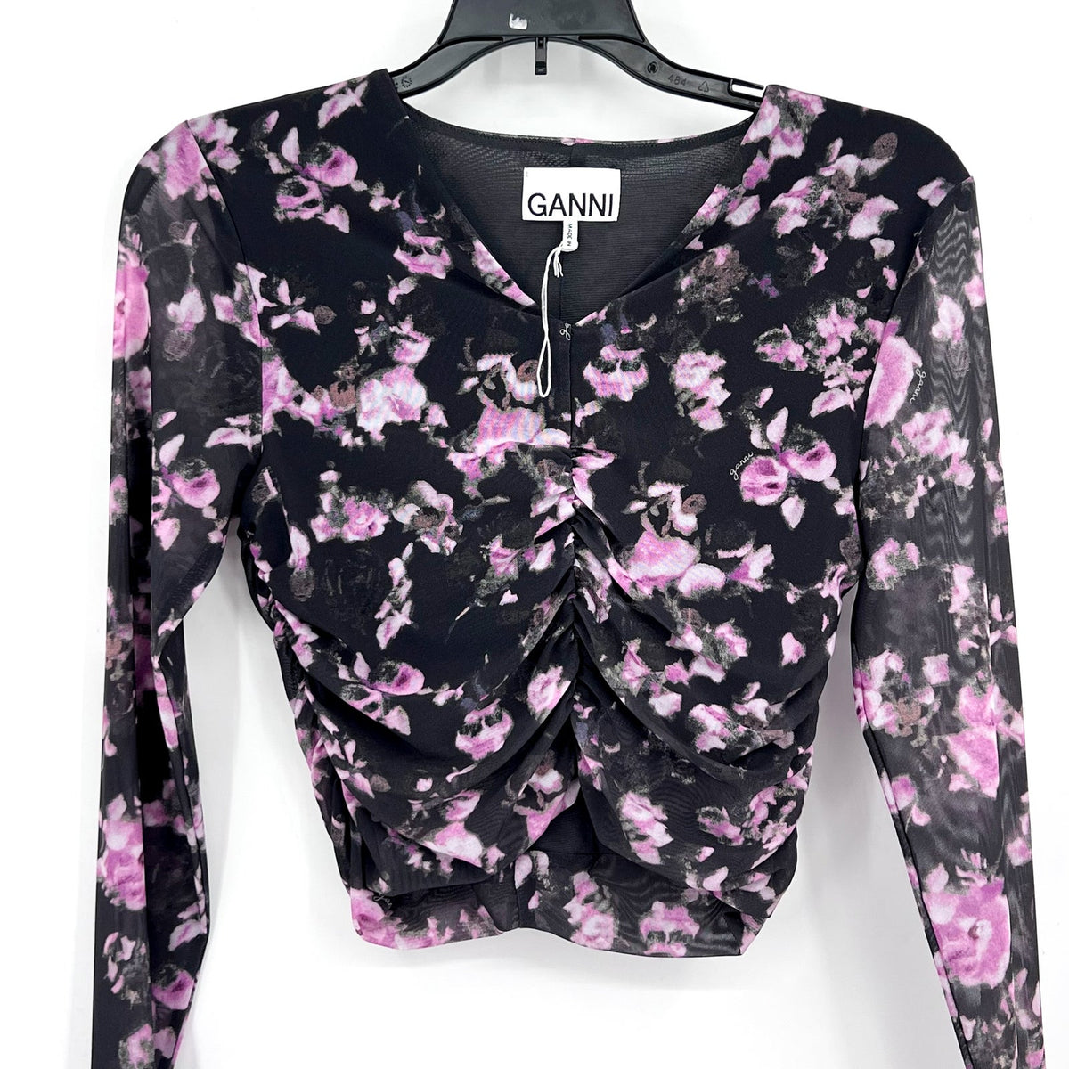 GANNI Women's Floral Mesh Crop Top Size 34 US 2 Black Pink Long Sleeve NWOT