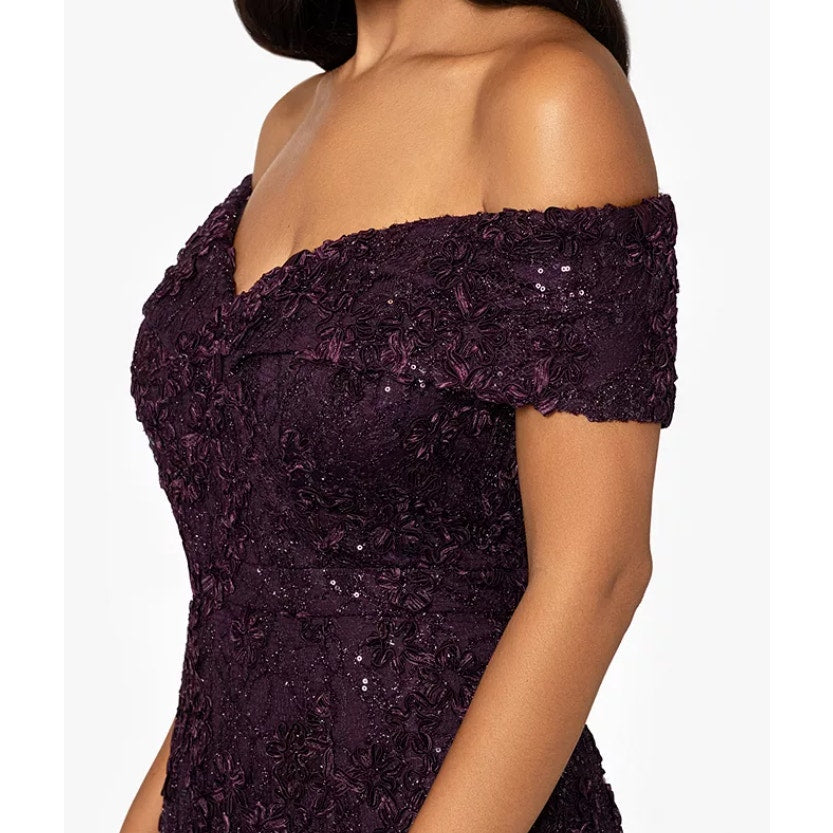 XSCAPE Jill Embroidered Lace Gown Size 12 Purple Off The Shoulder 4618X NWT