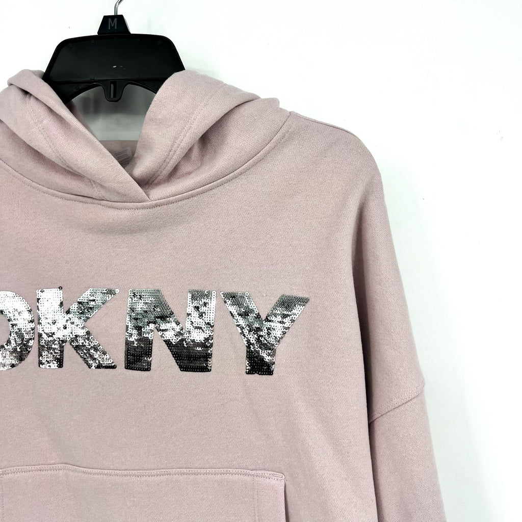 DKNY Women's Sequin Fleece Hoodie Medium Pink Allure Pullover Sweatshirt NWT