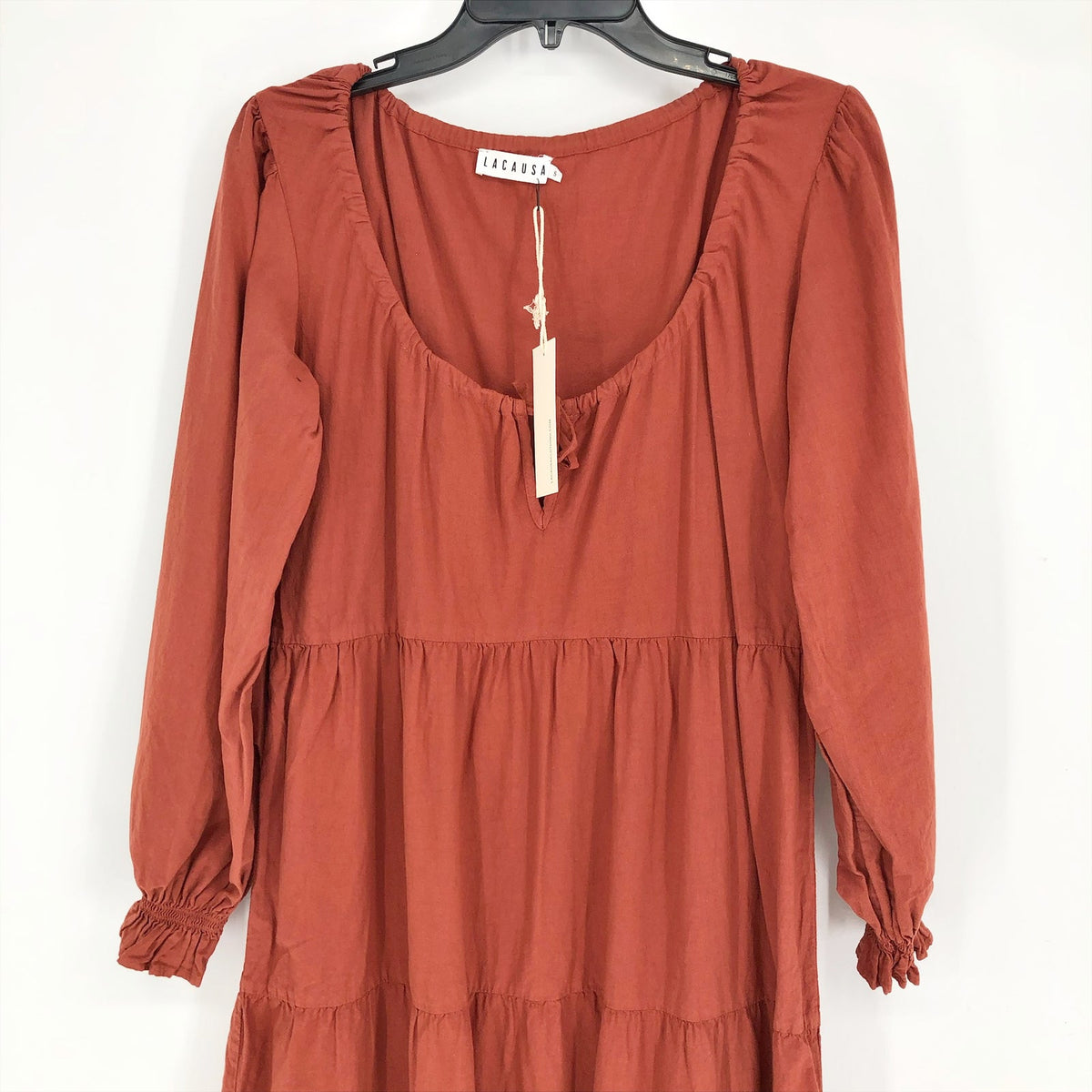 LACAUSA Women's Tate Tiered Midi Dress Large Rustic Orange Long Sleeve NWT