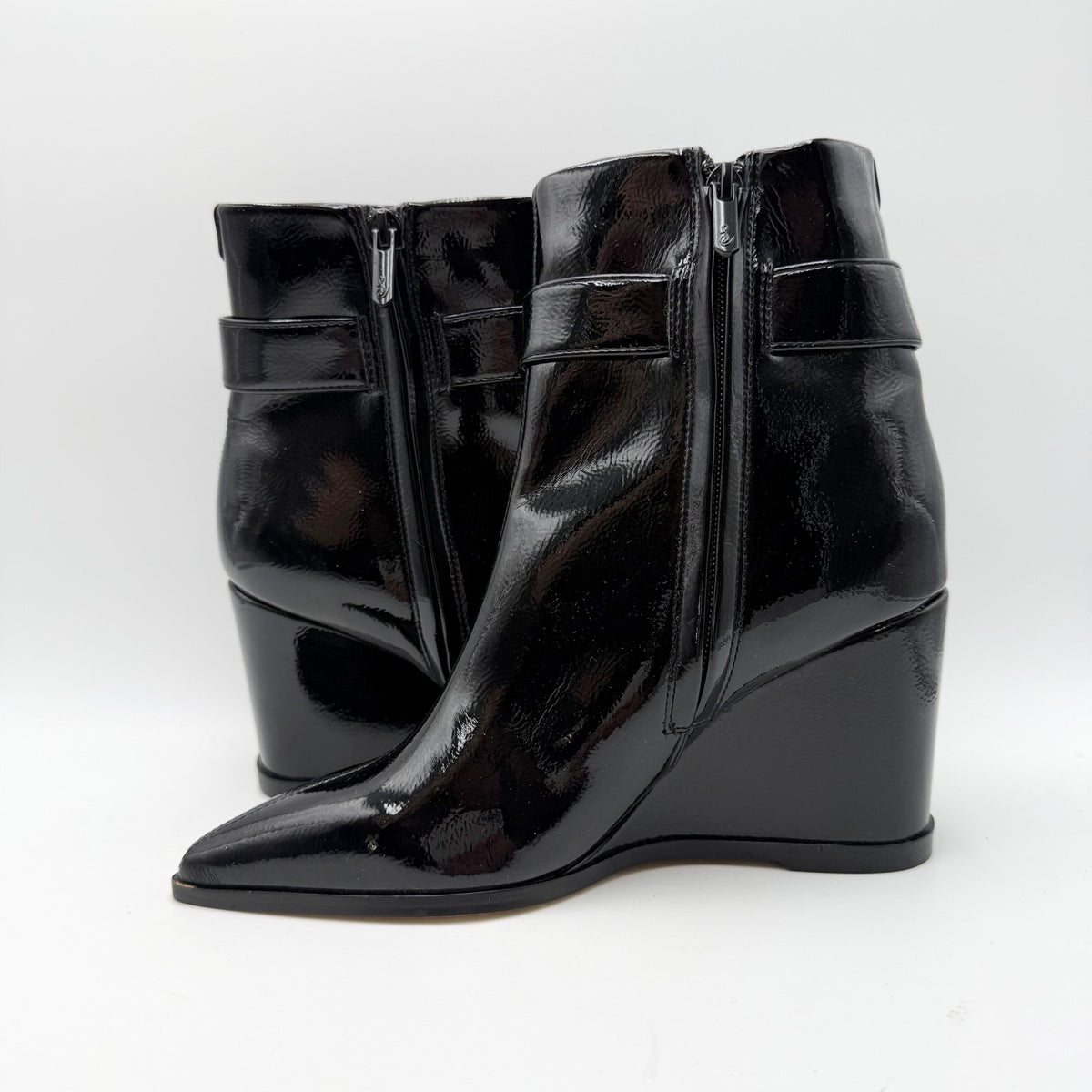 Sam Edelman Womens Weslie Wedge Heeled Bootie Size 6 Black Vegan Patent NWOB