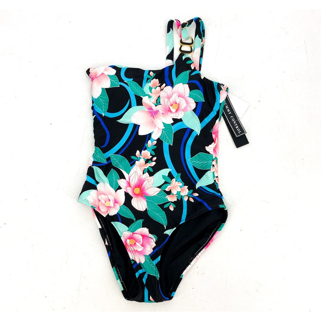 LA BLANCA One Shoulder One-Piece Size 4 Black Nightfall Blooms Tummy Control NWT