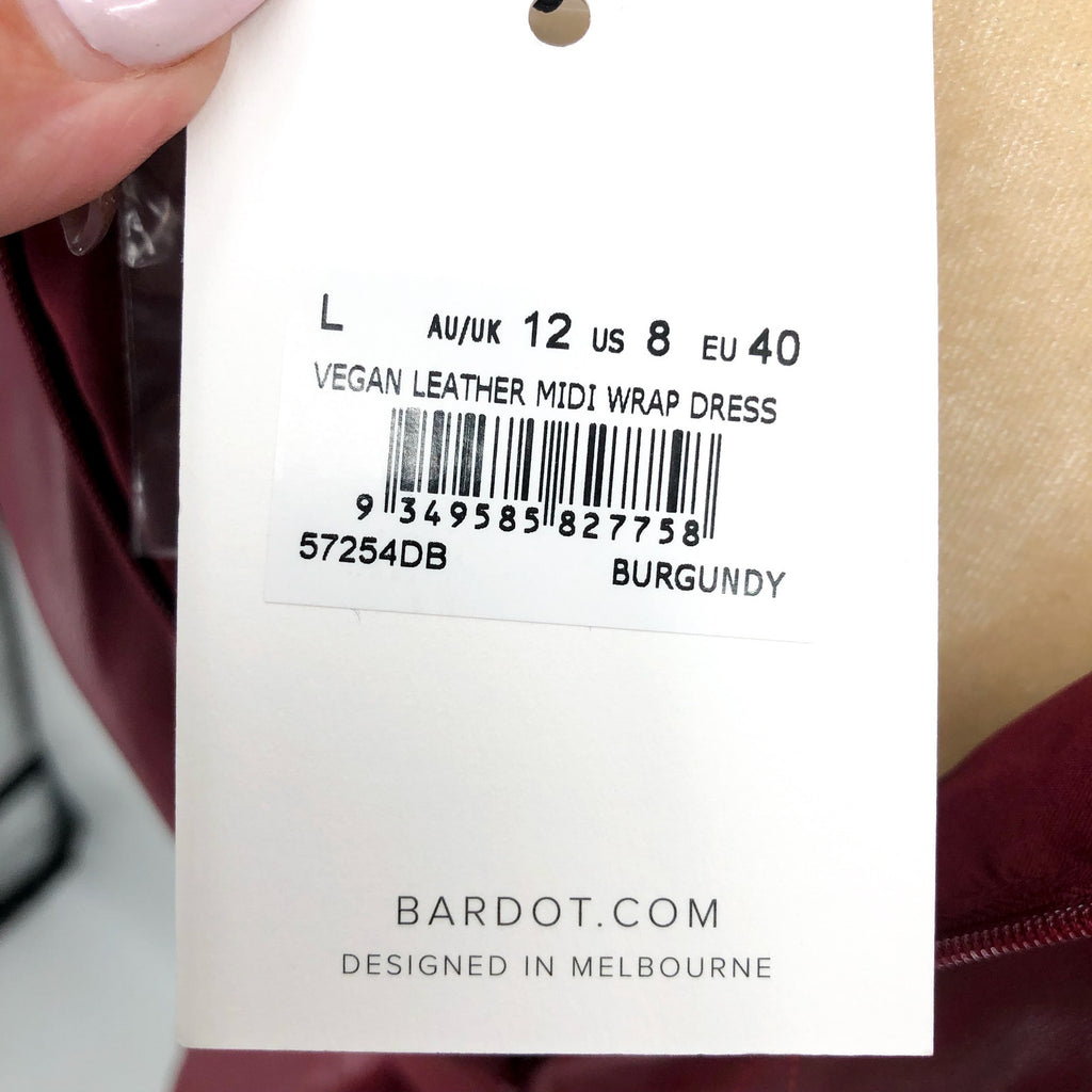 BARDOT Womens Wrap Midi Dress Large US 8 Red Burgundy Vegan Leather NWT