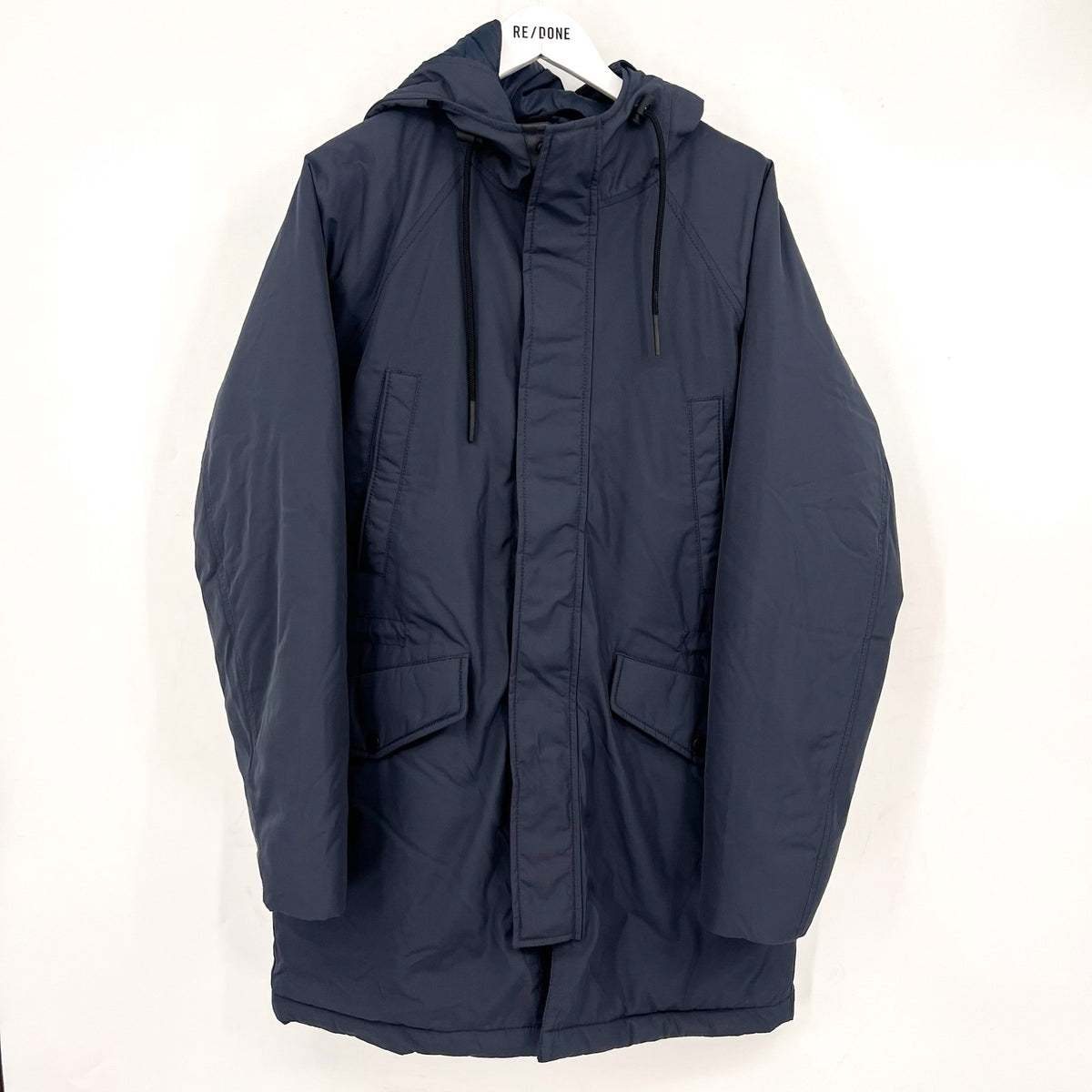 EVERLANE Men's The ReNew Long Parka Jacket Medium Navy Blue Hooded NWOT