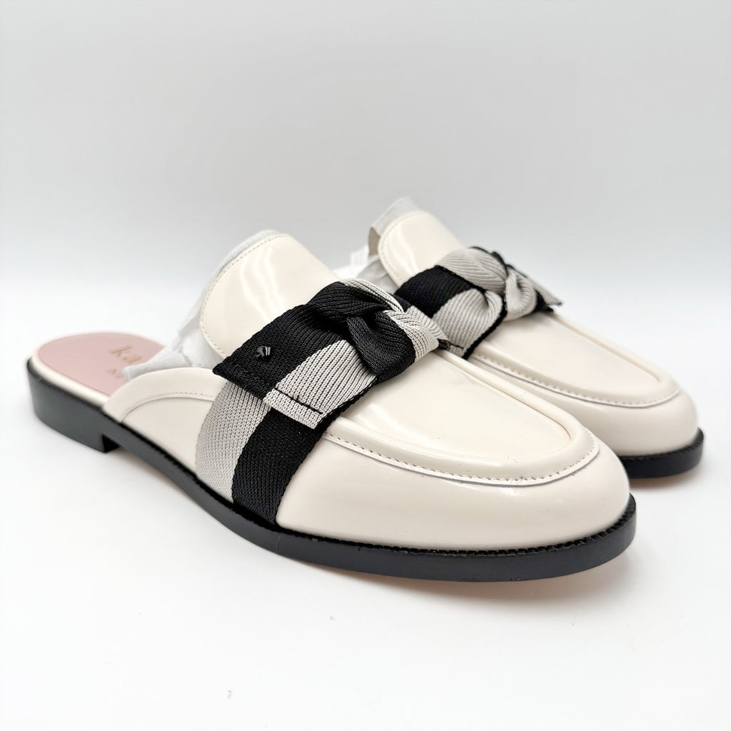 Kate Spade Womens Leandra Mule Loafer Size 9 Cream Patent Leather Twill Bow NIB