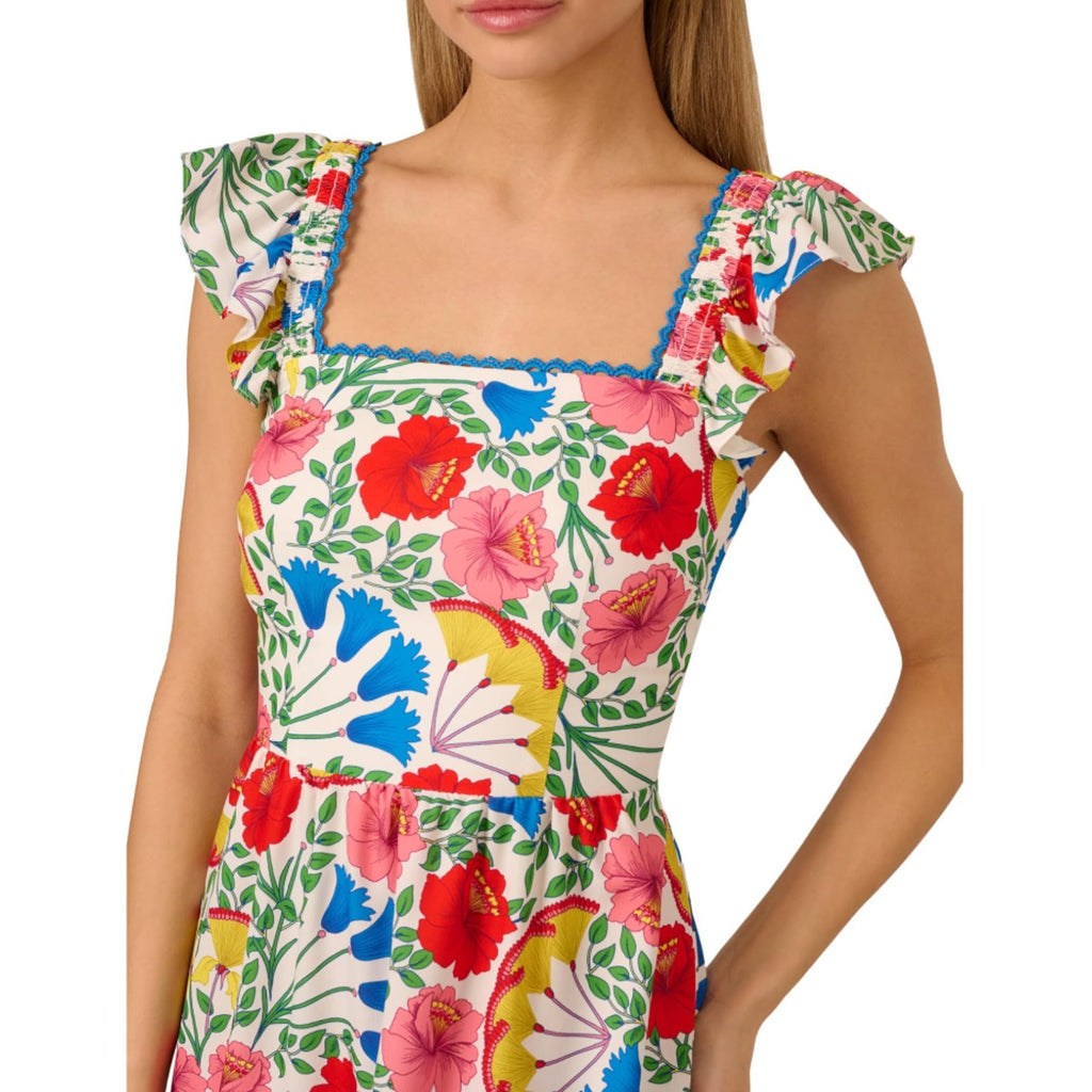 Adrianna Papell Womens Flutter Sleeves Short Dress Size 16 White Pink Floral NWT