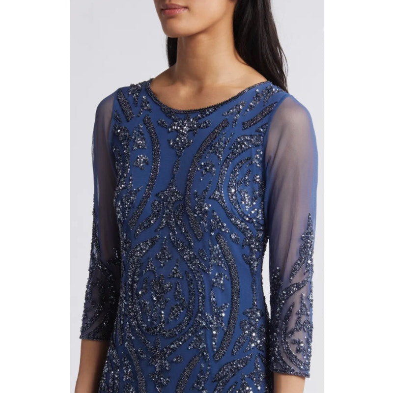 PISARRO NIGHTS Sequin Beaded Illusion Gown Size 2 Navy Blue Maxi Dress NWT