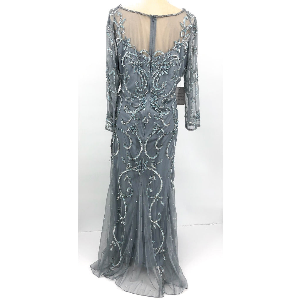 PISARRO NIGHTS Beaded Illusion Neck Gown Size 14 Sky Blue Gray 3/4 Sleeve NWT