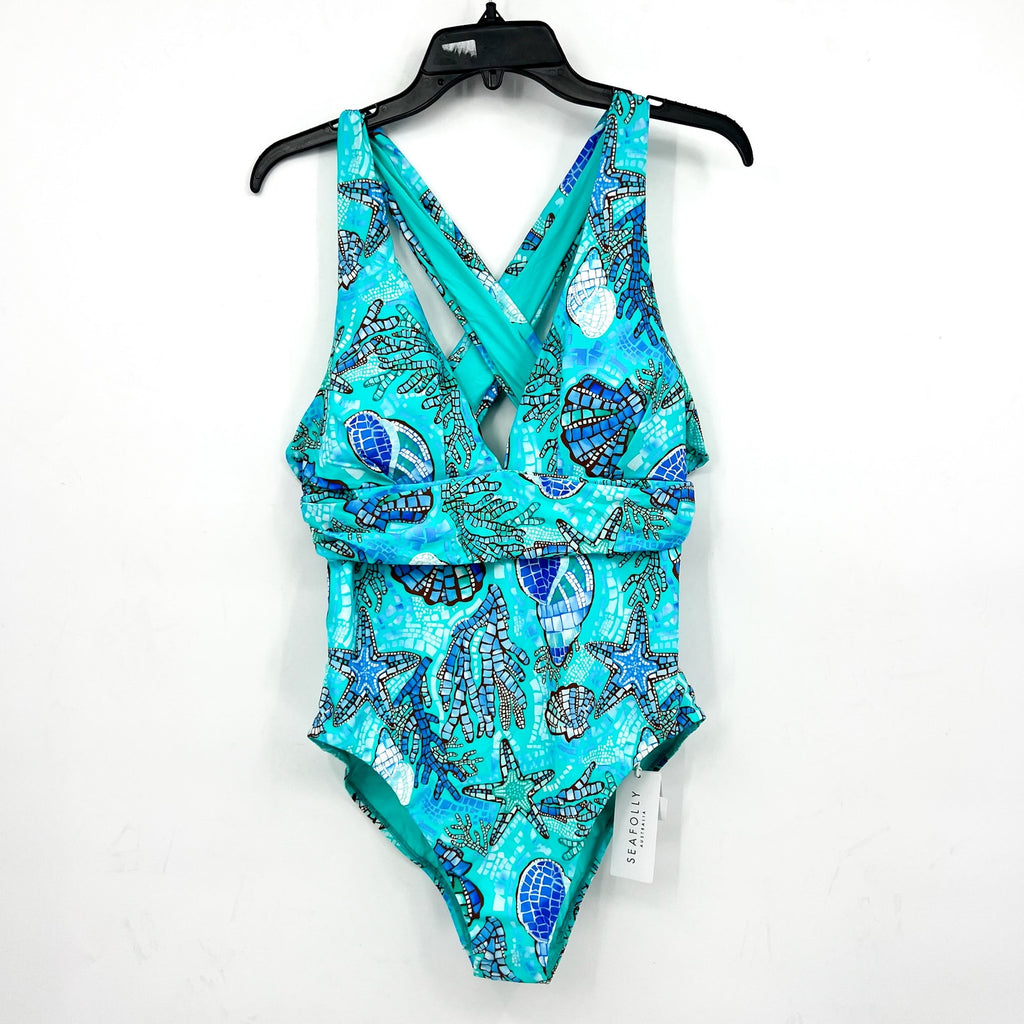 SEAFOLLY La Mer Cross Back One Piece Swimsuit Size 14 Aquatic Blue Print NWT