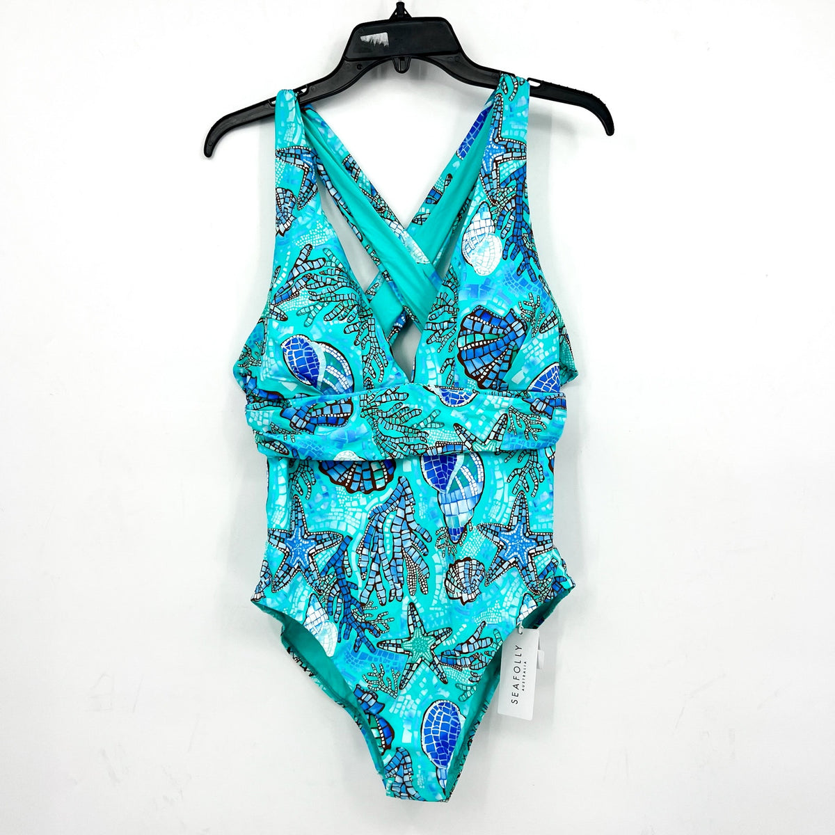 SEAFOLLY La Mer Cross Back One Piece Swimsuit Size 14 Aquatic Blue Print NWT
