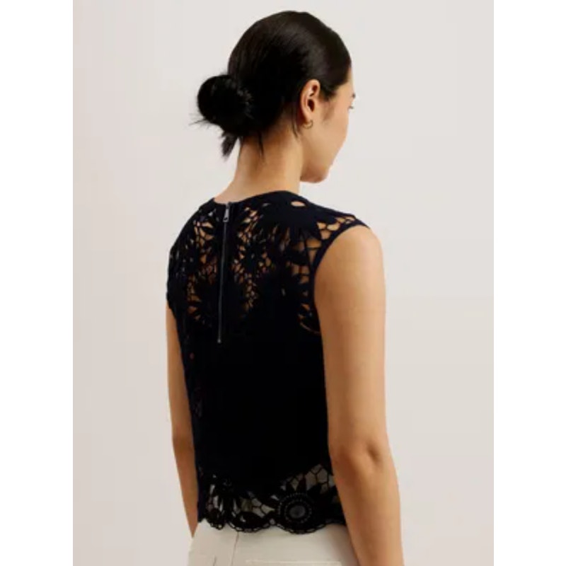 TED BAKER Women's Katrnn Crochet Top US 10 Ted Size 4 Black Short Sleeve NWT