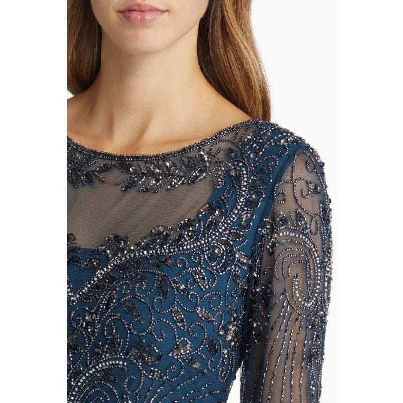 PISARRO NIGHTS Beaded Mesh Gown Size 4 Blue Rich Sapphire Mock Two-Piece NWT