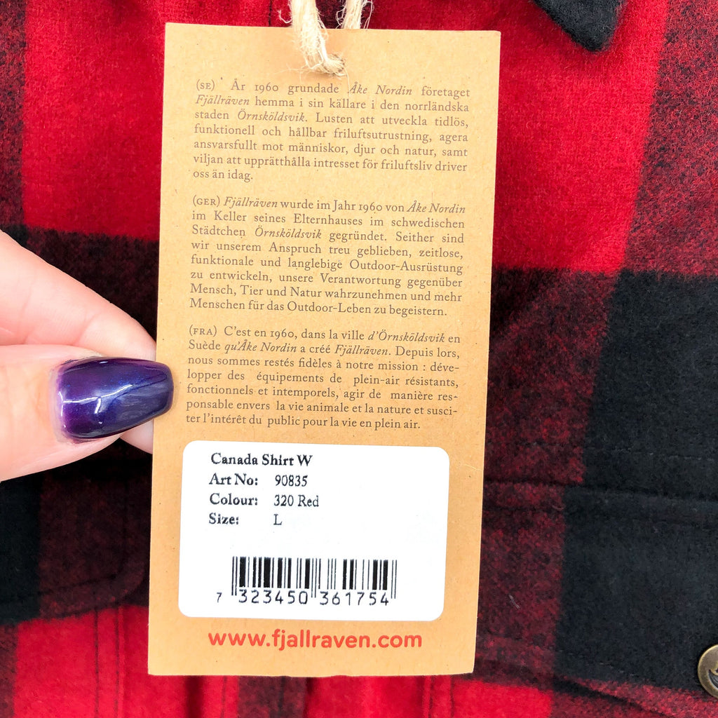 FJALLRAVEN Womens Canada Plaid Shirt Large Red Black Shacket Wool NWT