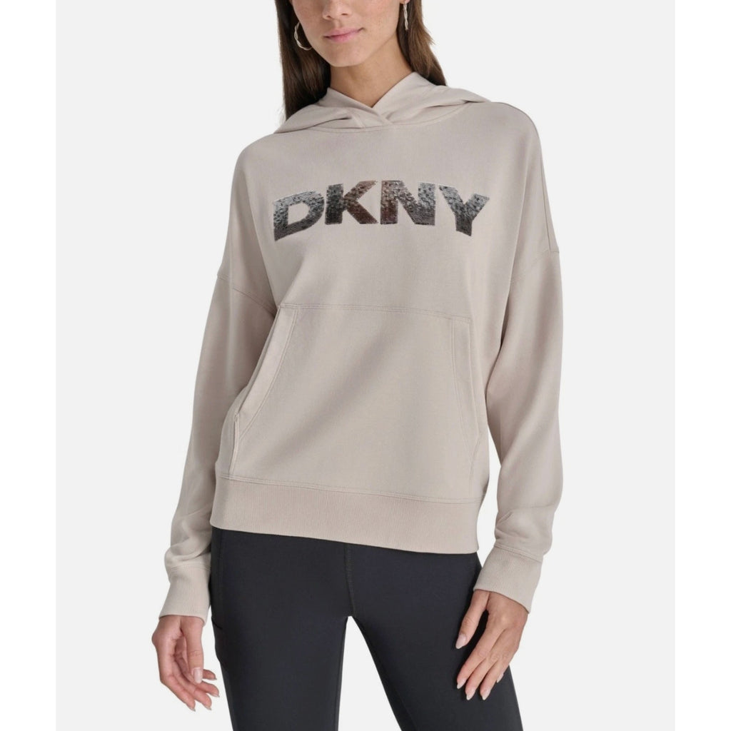 DKNY Women's Sequin Hoodie Medium Taupe Beige Pullover Sweatshirt NWT