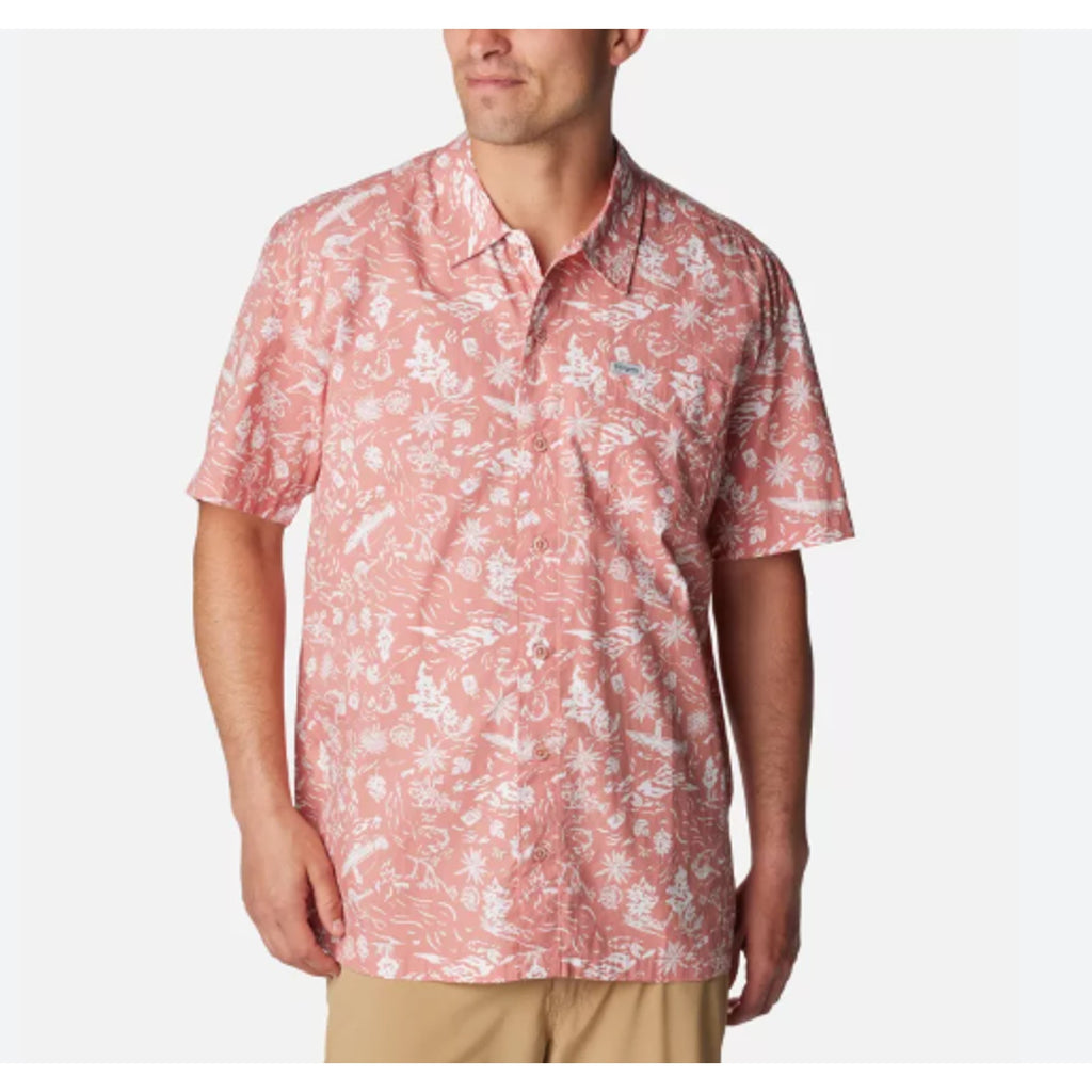 COLUMBIA Mens PFG Trollers Best Short Sleeve Shirt Small Pale Pink White NWT