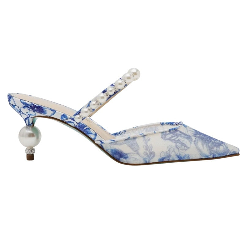 Betsey Johnson Womens Zane Mule Heels US 10 Blue Off White Mesh Fabric NIB