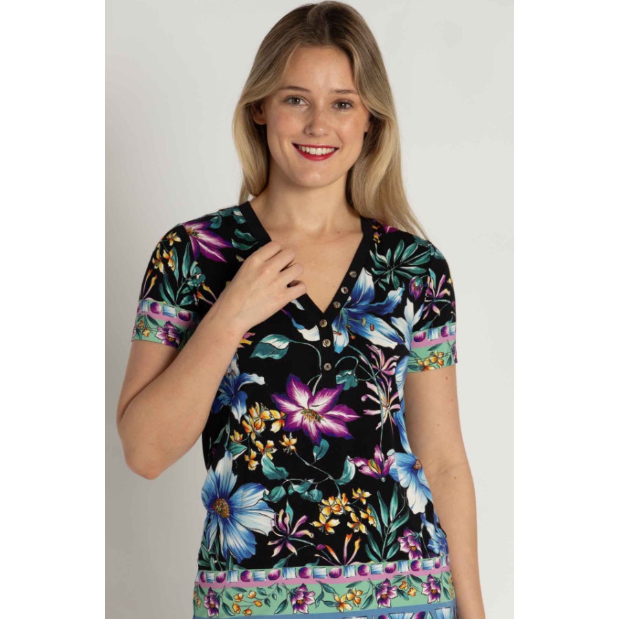 JOHNNY WAS The Janie Favorite Henley Tee Large Jumono Black Short Sleeve NWT