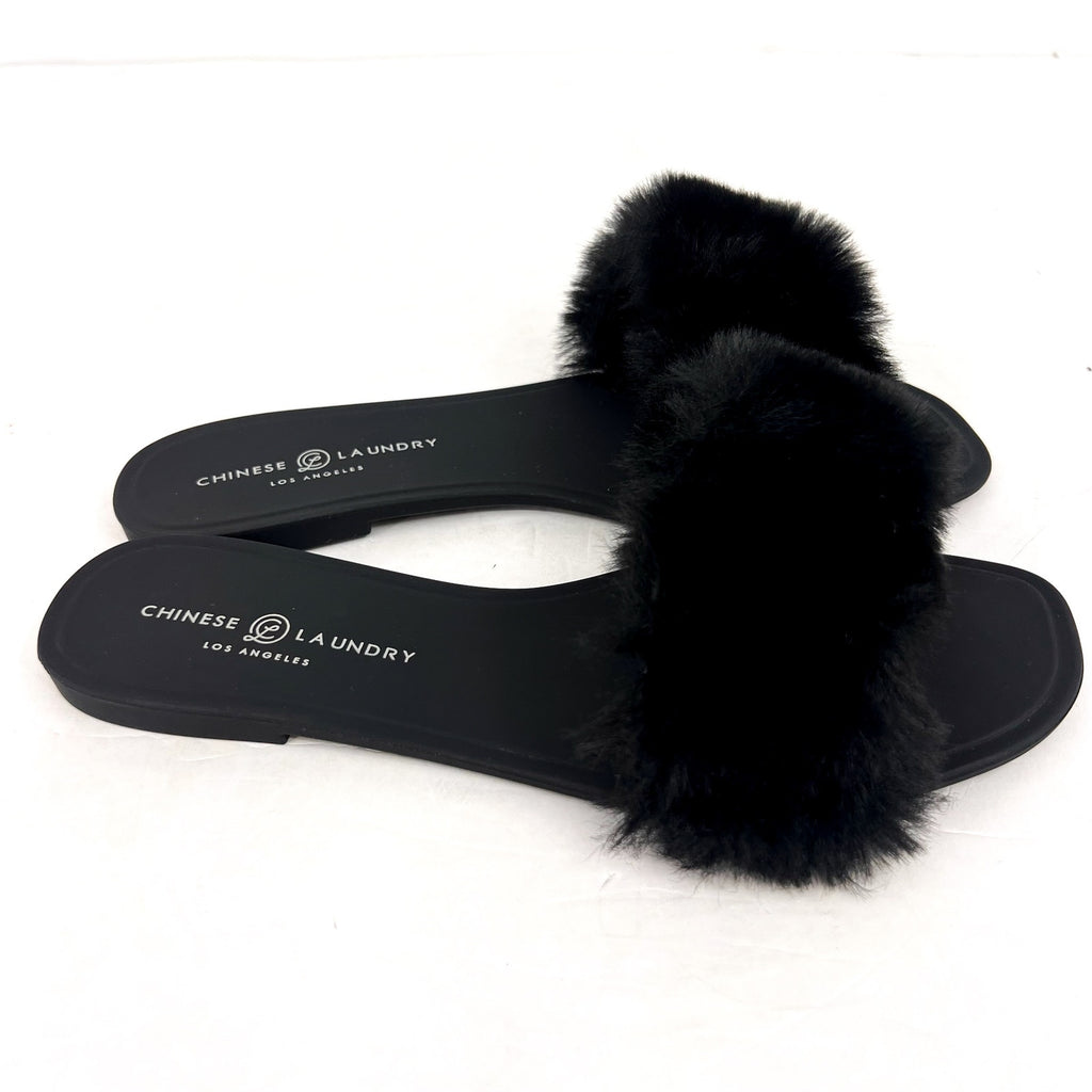 CHINESE LAUNDRY Womens Midnight Flat Slide Sandals Size 8 Black Faux Fur NWOB
