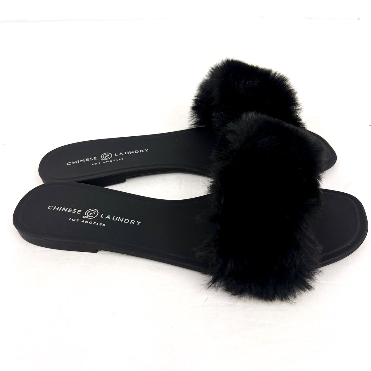 CHINESE LAUNDRY Womens Midnight Flat Slide Sandals Size 8 Black Faux Fur NWOB
