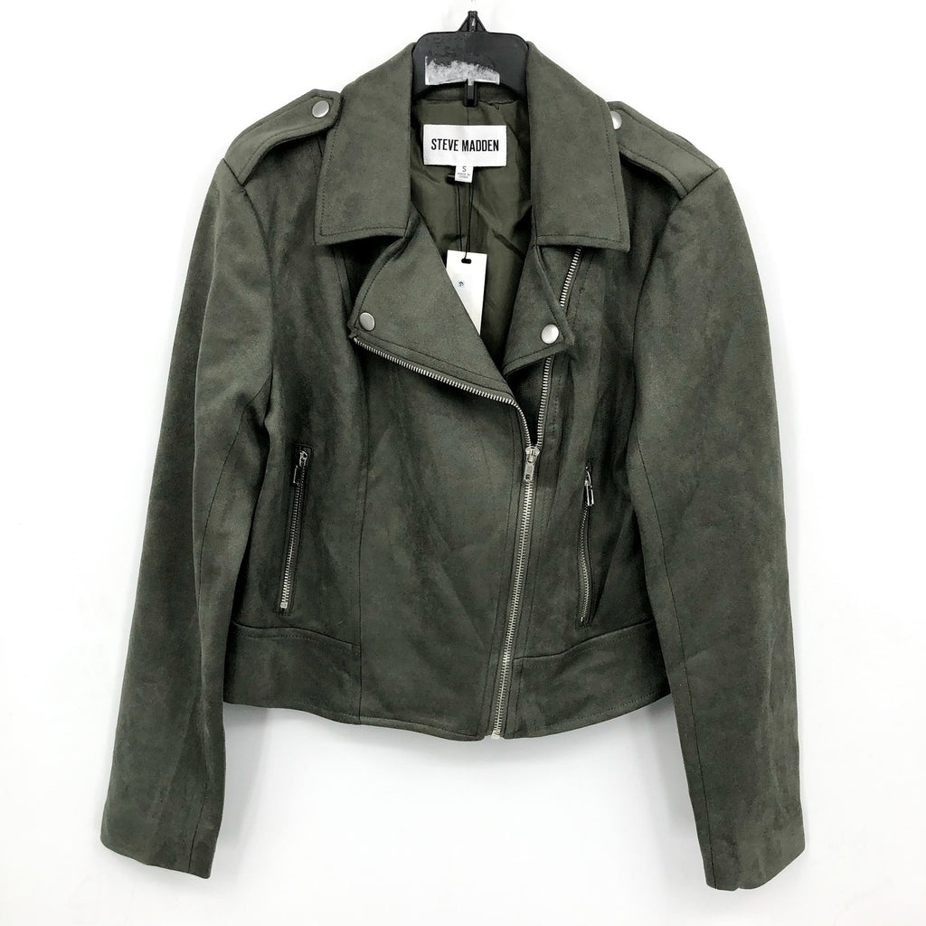 STEVE MADDEN Womens Faux Suede Moto Jacket Medium Olive Green Vegan Leather NWT
