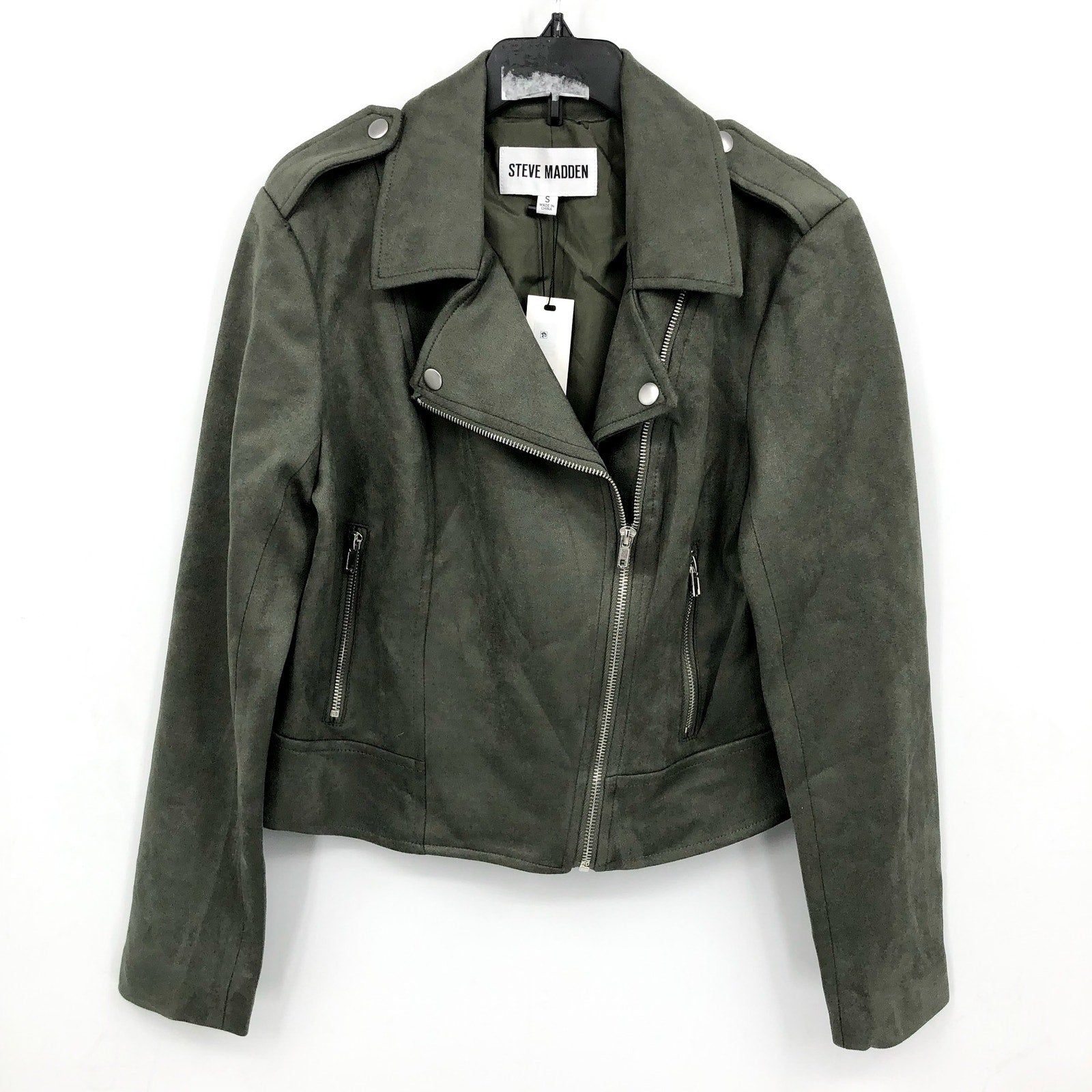 STEVE MADDEN Womens Faux Suede Moto Jacket Medium Olive Green Vegan Leather NWT