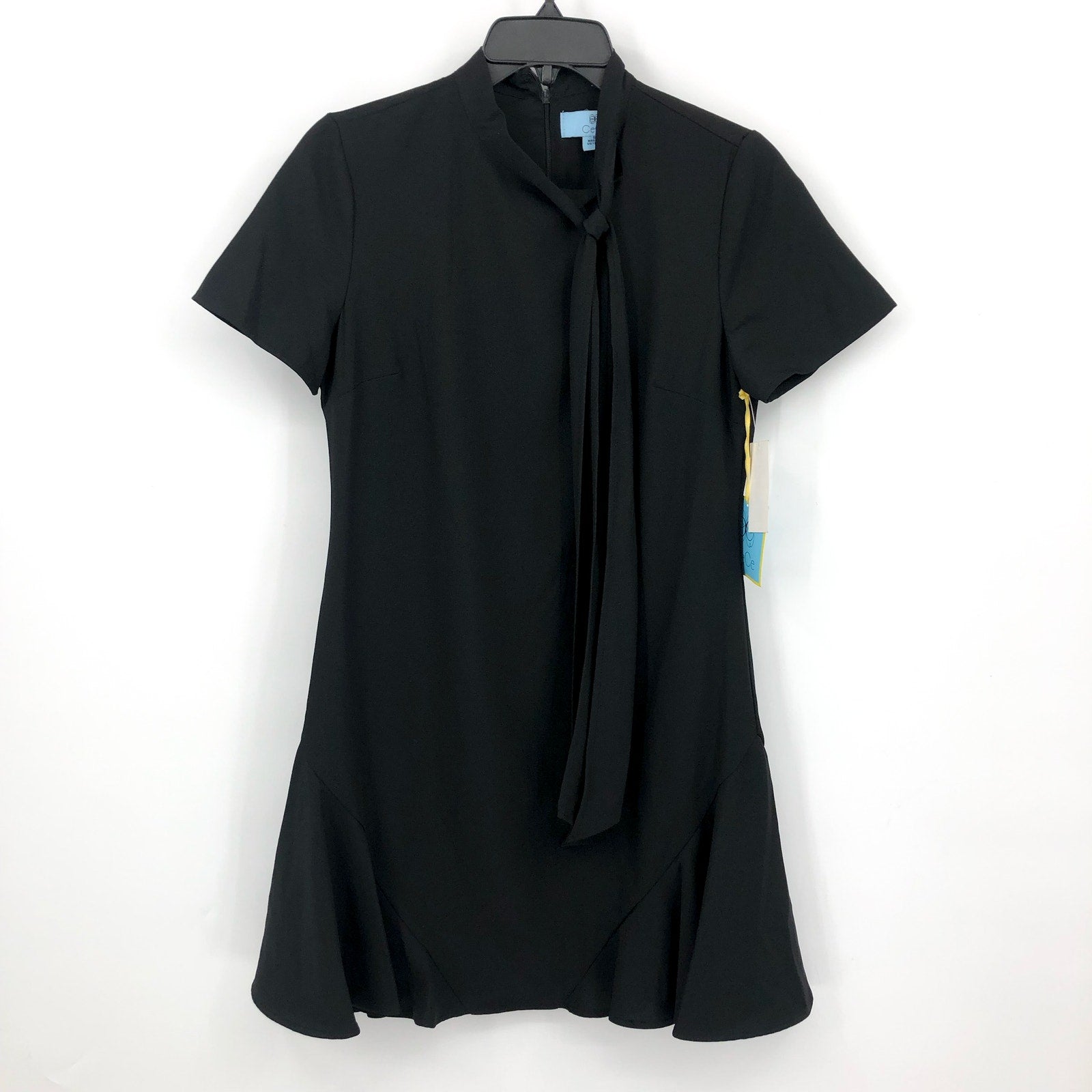 CECE Women's Ruffled Bow Neck Mini Dress Size 6 Rich Black Short Sleeve NWT