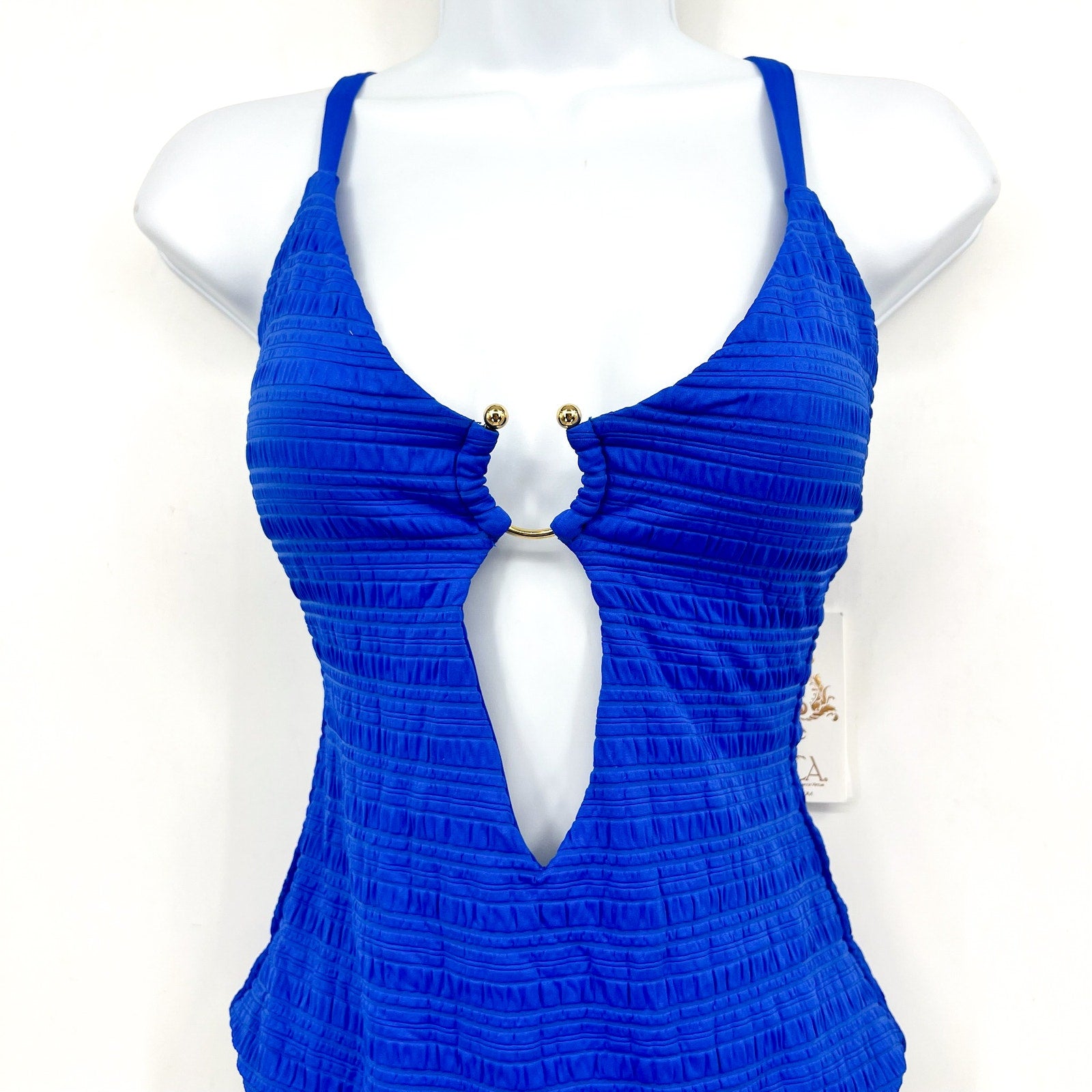 BECCA Coast Ariyah Plunge One Piece Swimsuit Large Ultramarine Blue Ribbed NWT