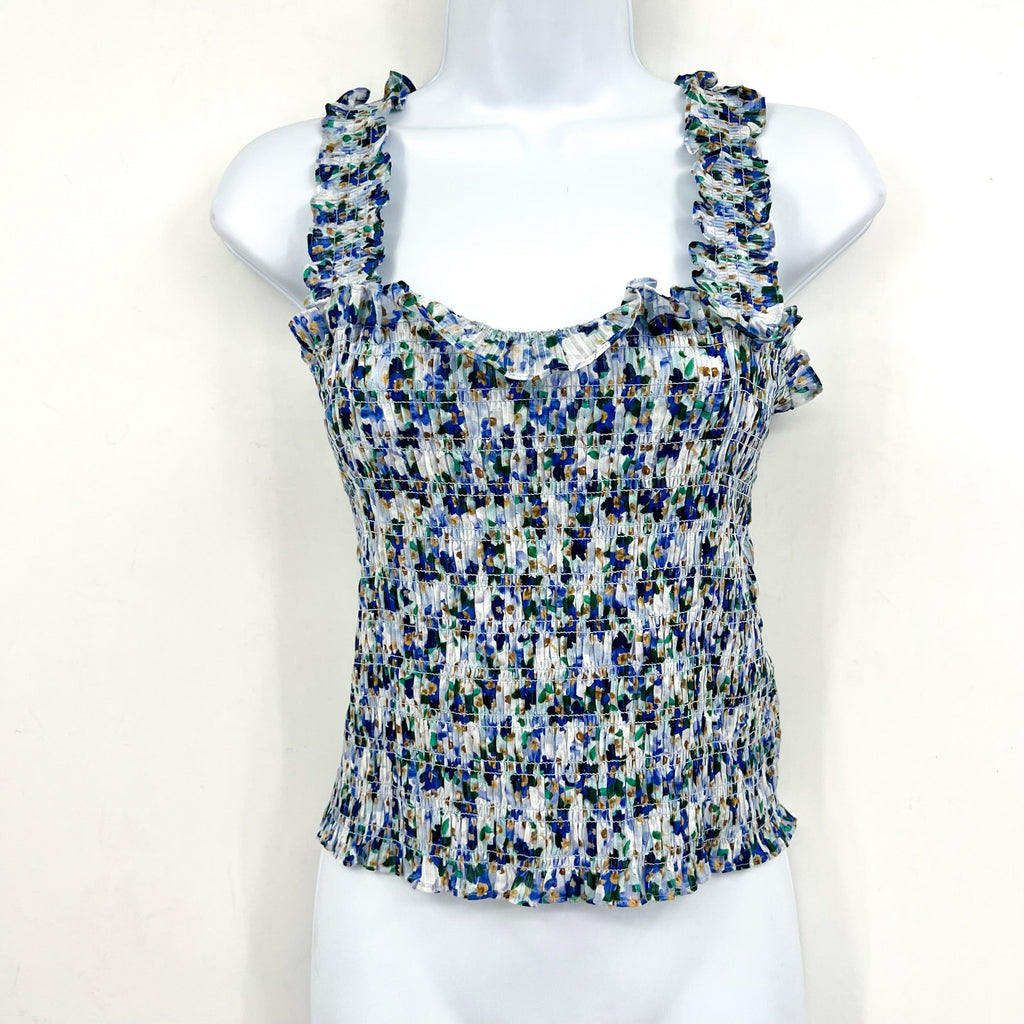 VERONICA BEARD Averie Smocked Tank Top Large Blue Cobalt Floral Print NWOT