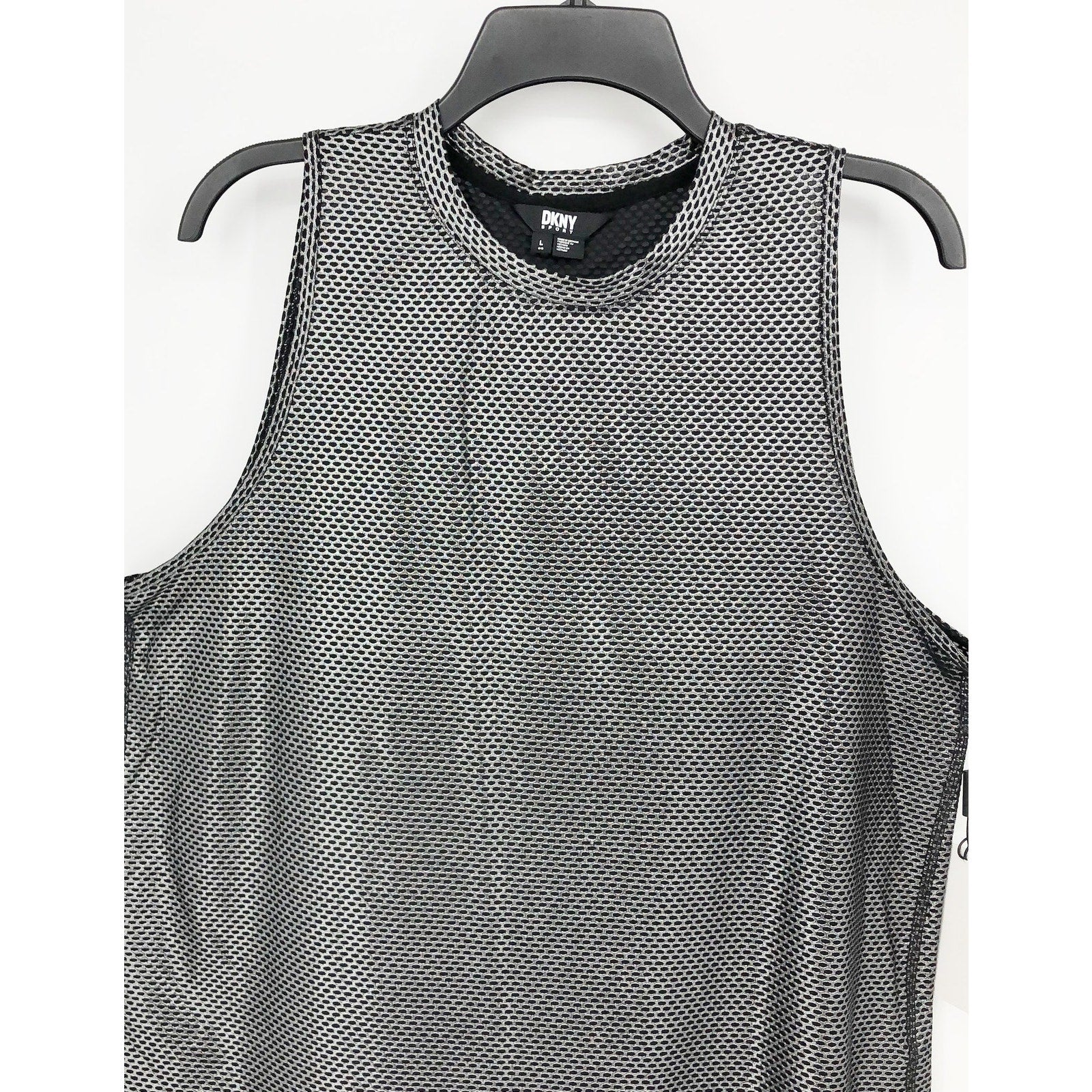 DKNY Sport Womens Honeycomb Mesh Sleeveless Top Large Silver Black NWT